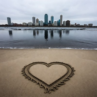 Heart drawn in sand with city skyline