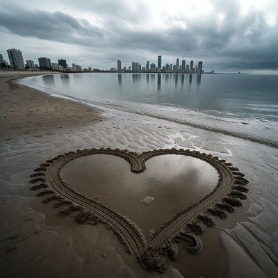 Heart drawn in sand by city skyline