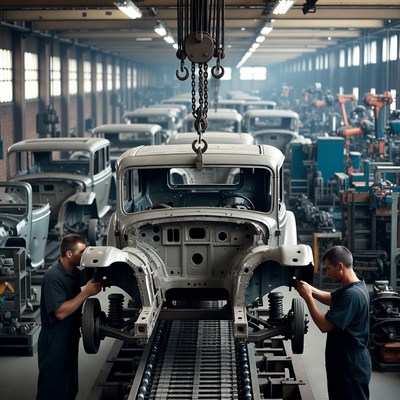 Workers assembling car on factory hoist