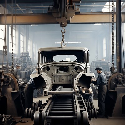 Workers assembling car in factory