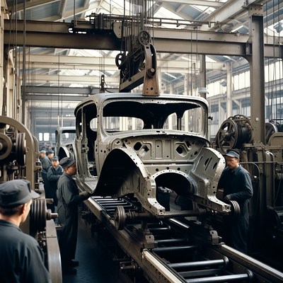 Workers assembling car in factory