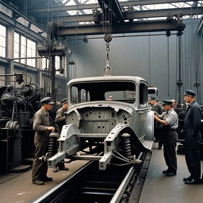Workers assembling car in factory