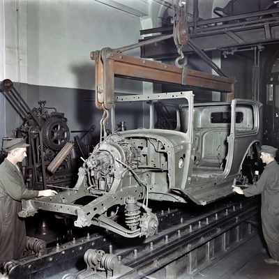 Workers Lifting Vintage Car Frame