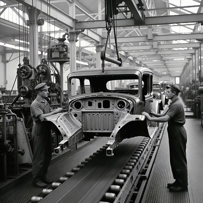 Workers assembling car on factory line