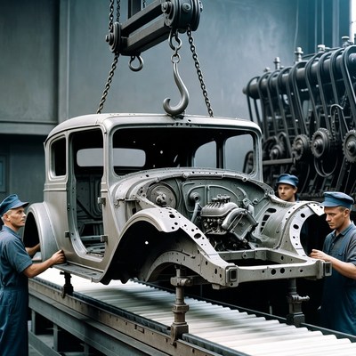 Workers Lifting Car Chassis with Crane