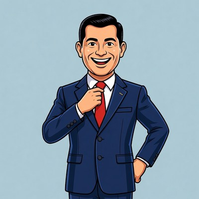 Cartoon man adjusting red tie