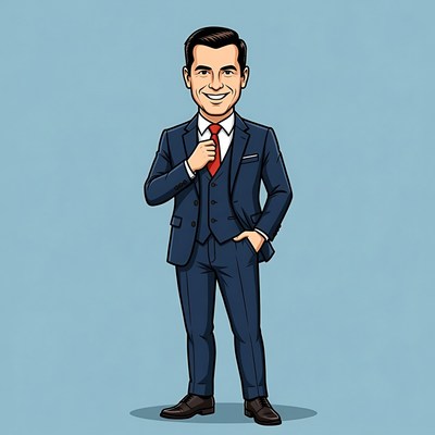 Cartoon man in navy suit smiling