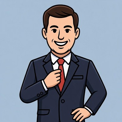 Cartoon man adjusting red tie