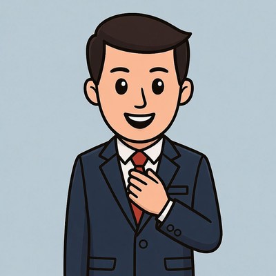 Cartoon man in suit hand on heart