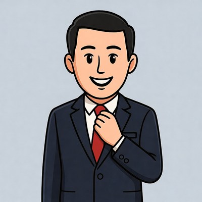 Cartoon man adjusting red tie