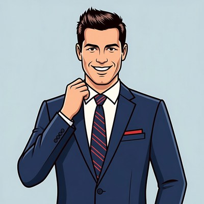 Smiling man adjusting tie in suit