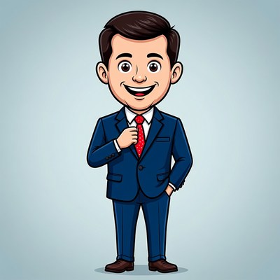 Cartoon man in suit adjusting red tie