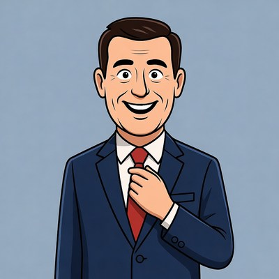 Cartoon man in suit adjusting red tie