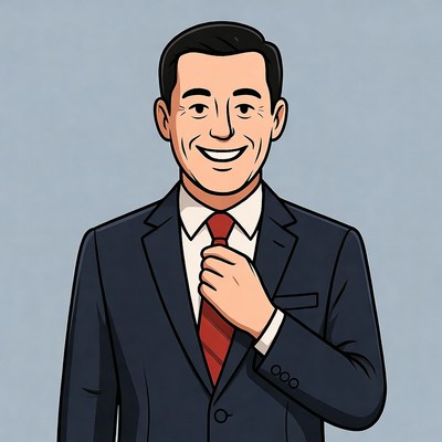 Cartoon man adjusting red tie