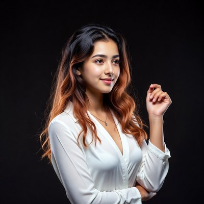 Asian woman in white blouse on black background