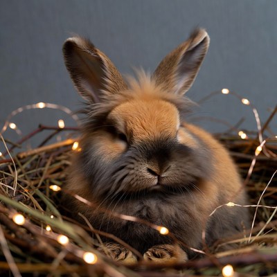 Fluffy bunny in nest with fairy lights