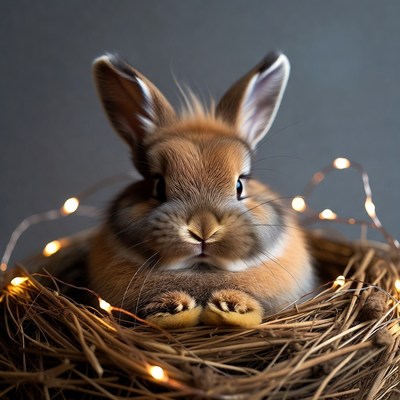 Cute bunny in nest with fairy lights