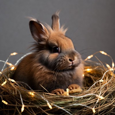 Fluffy Bunny in Nest with Fairy Lights