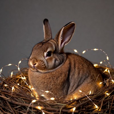 Brown rabbit in nest with fairy lights