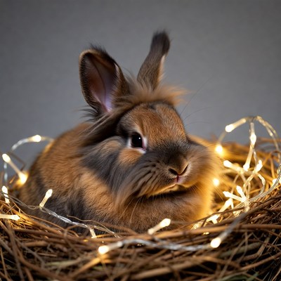 Fluffy bunny in nest with fairy lights