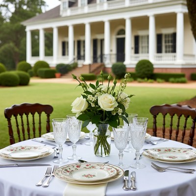 Elegant outdoor table with white roses