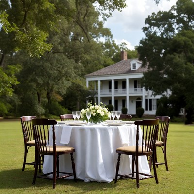 Elegant White Table Outdoors with Mansion