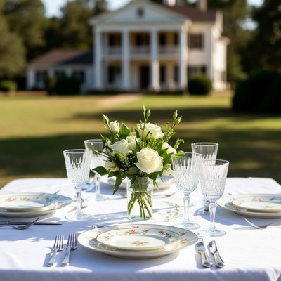 White Roses on Set Table Before Mansion