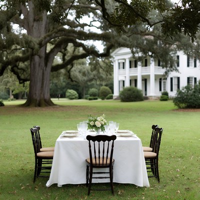 Elegant White Table Under Oak Trees