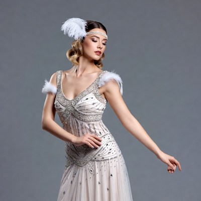 Woman in Beaded Flapper Dress with Feather Headband