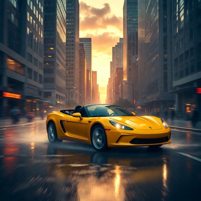 Yellow Convertible Driving Rainy City Sunset