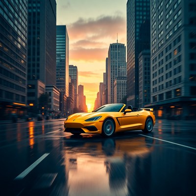 Yellow Convertible Speeding in City at Sunset