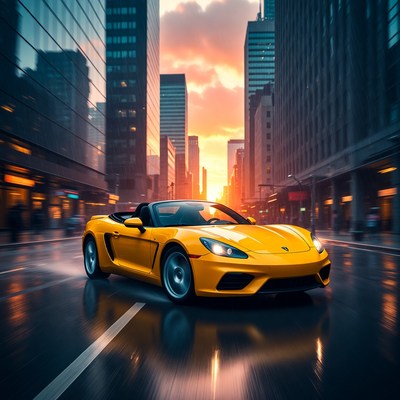 Yellow Porsche Speeding in City at Sunset