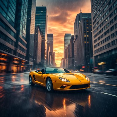 Yellow sports car speeding rainy city street