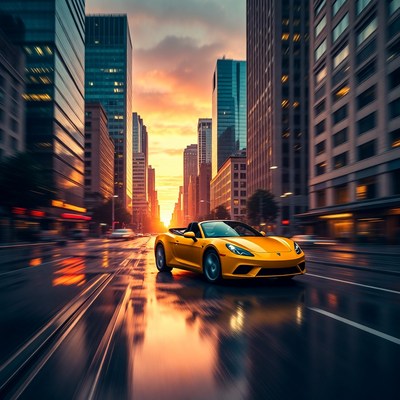 Yellow sports car speeding city street sunset