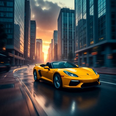 Yellow Convertible Speeding City Street Sunset
