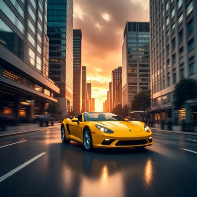 Yellow Convertible Speeding City Street Sunset