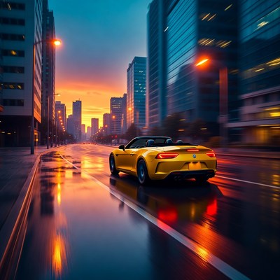 Yellow Convertible Speeding Wet City Street