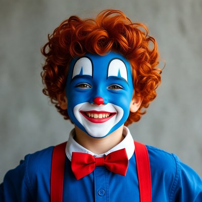 Boy in clown costume smiling