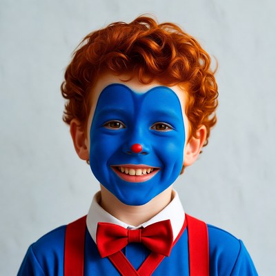 Boy in blue clown makeup smiling