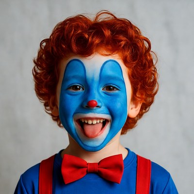 Boy in blue clown makeup smiling