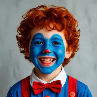 Boy in clown costume smiling