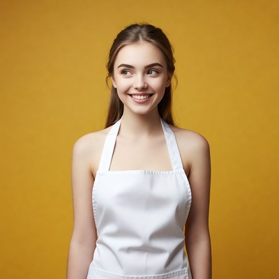 Smiling woman in white apron