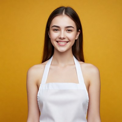 Smiling woman in white apron