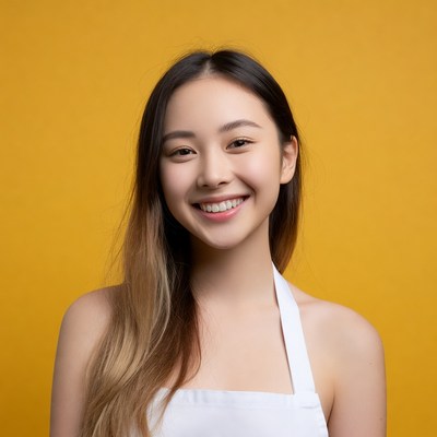 Asian woman smiling in white apron