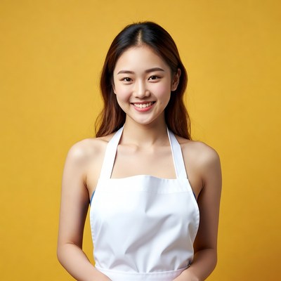 Asian woman in white apron