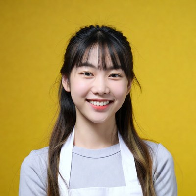 Asian woman smiling in white apron
