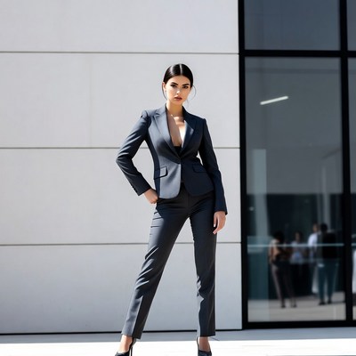 Asian woman in gray suit posing