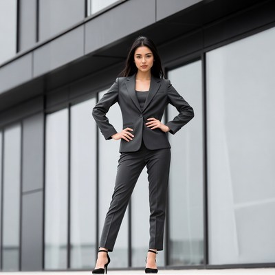 Asian woman in gray suit outside building
