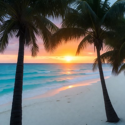 Palm Trees Silhouetted Against Beach Sunset