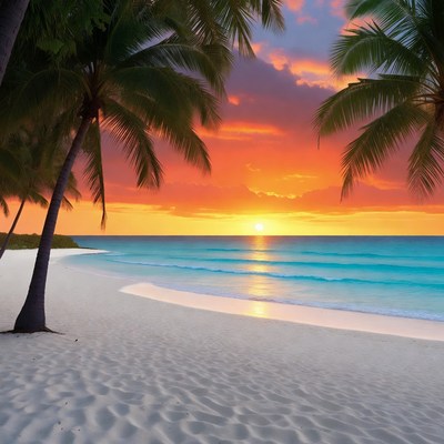 Tropical Beach Sunset with Palm Trees